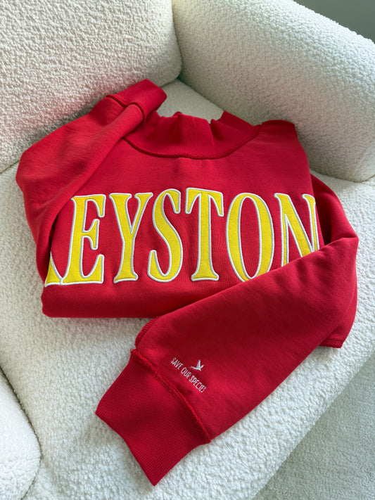Red sweatshirt with yellow 'Keystone' text on a white couch